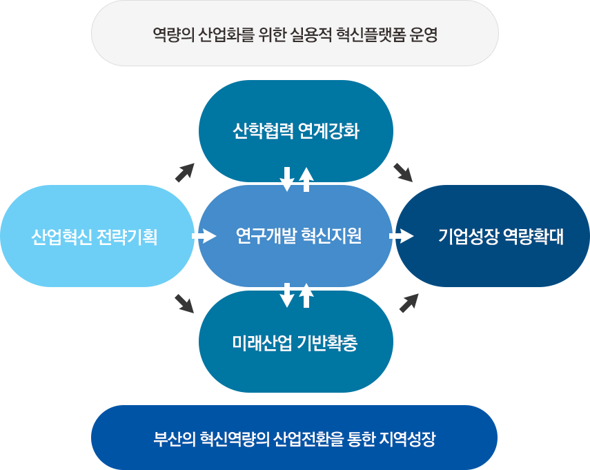 역량의 산업화를 위한
실용적 혁신플랫폼 운영 산업혁신전력기획 산학협력연계강화 연구개발혁신지원 미래산업기반확충 기업성장역량확대 부산의 혁신역량의 산업전환을 통한 지역성장